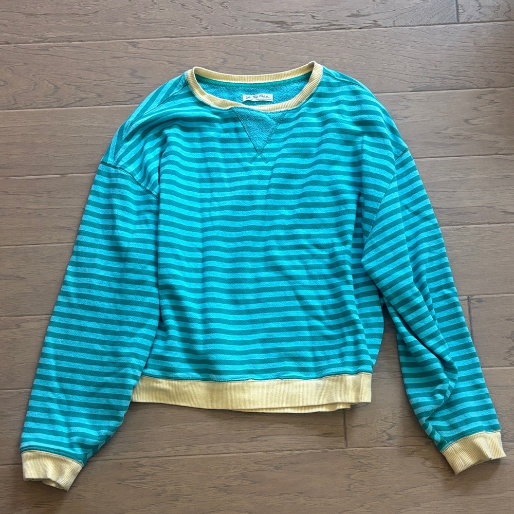 Free People Striped Teal & Turquoise Crewneck Sweatshirt with Yellow Trim